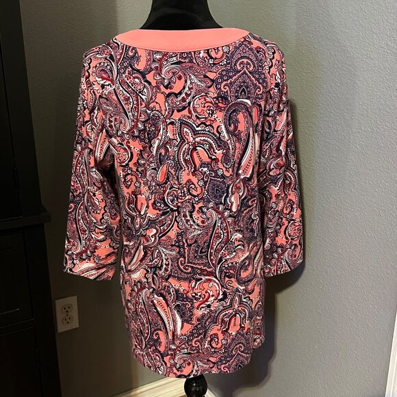 Kim Rogers Womens XL Paisley Tunic Top Coral Navy 3/4 Sleeve Cotton Blouse Boho - Picture 5 of 8